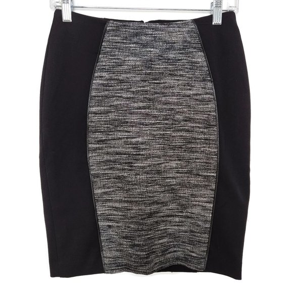 H&M Skirt 6 Black Color Block Stretch Woven Zip Back Textured Career - Picture 1 of 7